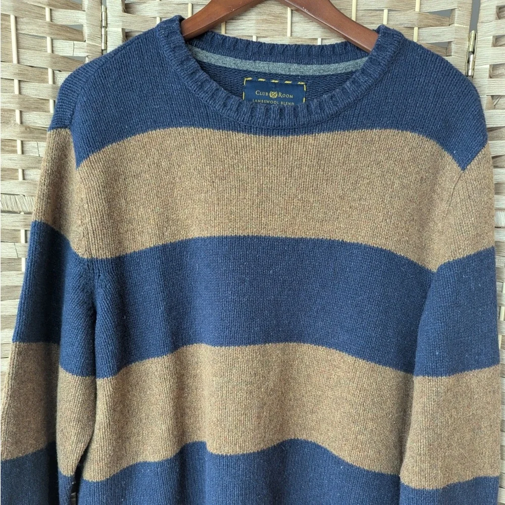 Club Room Lambswool Blend Striped Crew Neck Sweater Navy Blue Brown Mens‎ Sz XL